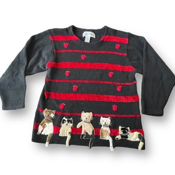 Victoria Harbour Black / Red 3D Cat Embroidery Sweater, Size Small - Picture 1 of 7